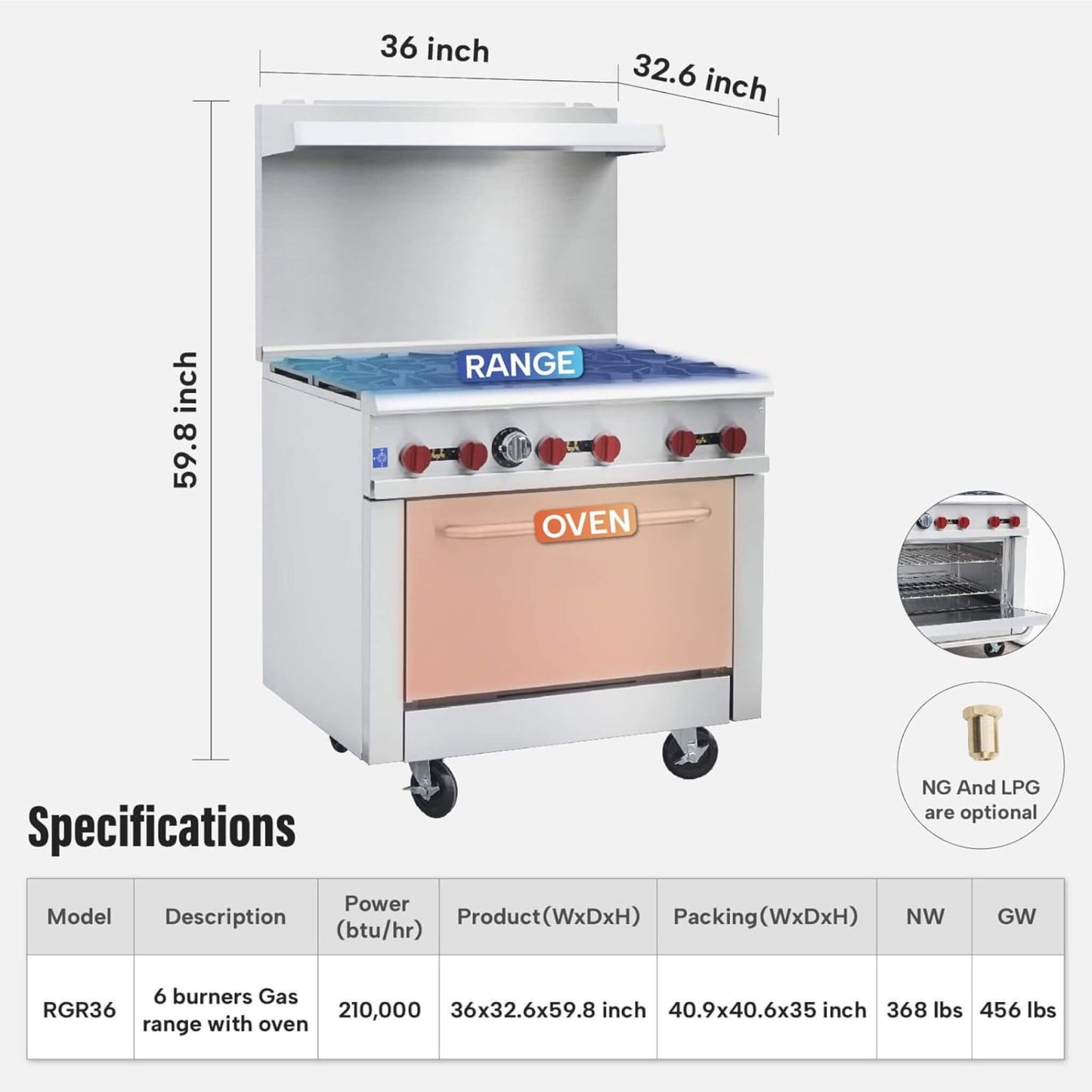 36-Inch Commercial 210K BTU 6-Burner Stainless Steel Freestanding Gas Range