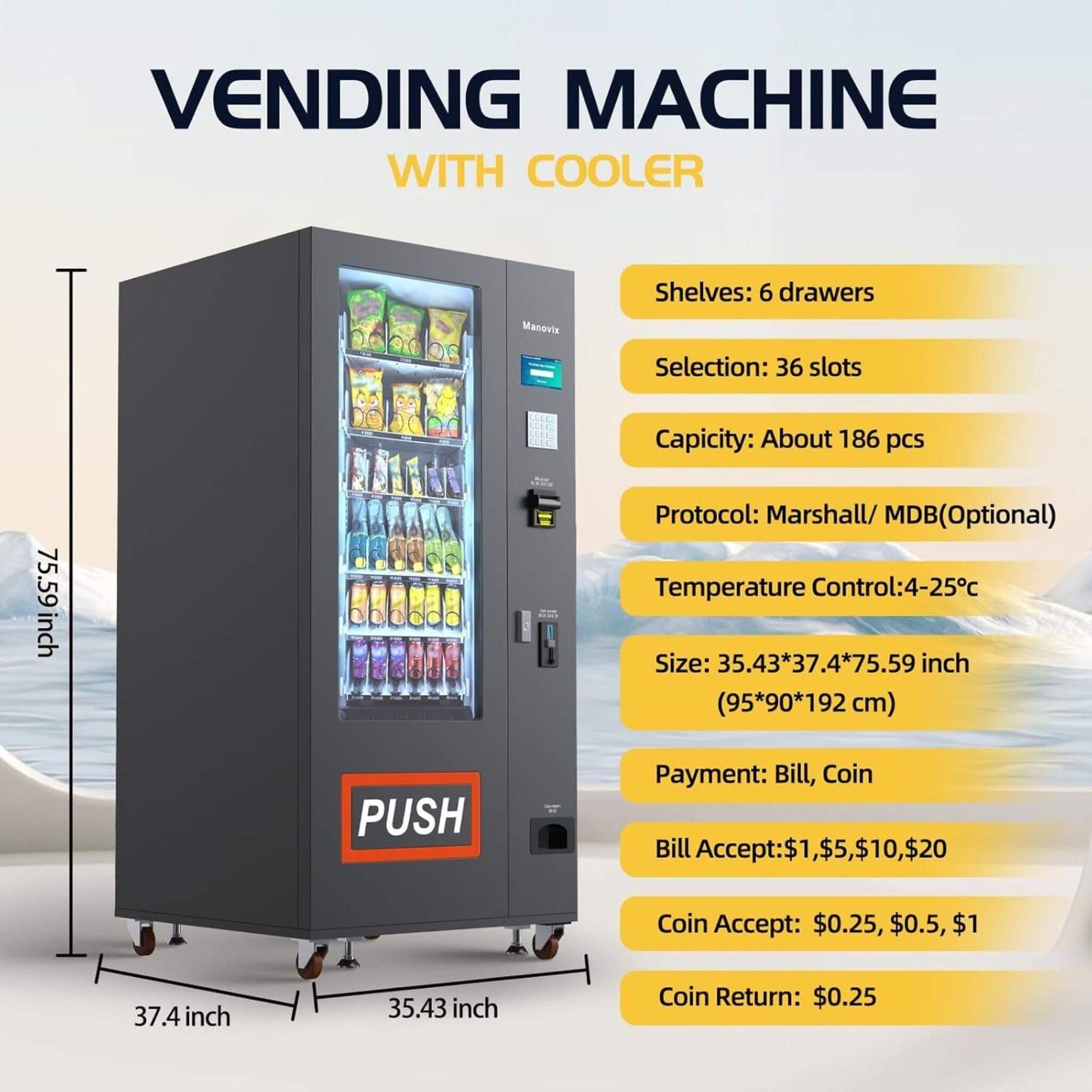 36-Slot Commercial Refrigerated Snack Drink Vending Machine with Bill And Coin Acceptor