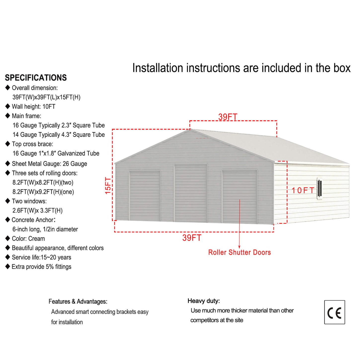 39' x 39' FT Extra-Large Heavy-Duty Galvanized Steel Barn Building Shed with 3 Rolling Garage Doors