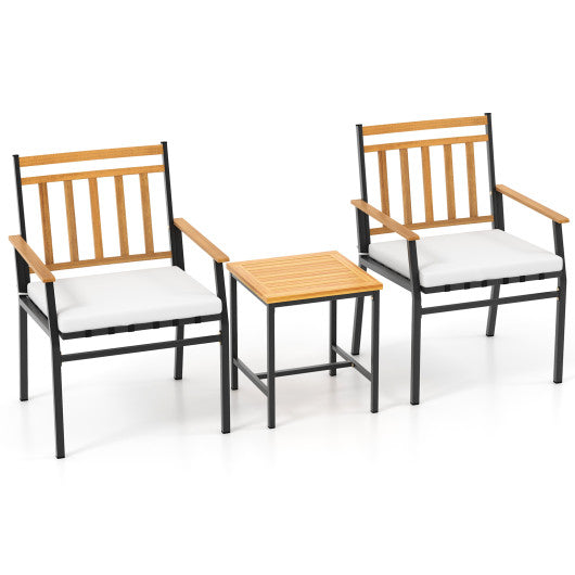 3 Pieces Outdoor Furniture Set Acacia Wood Patio Conversation Set with Cushions - White