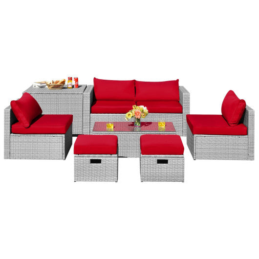 8 Pieces Patio Rattan Furniture Set with Storage Waterproof Cover and Cushion - Red