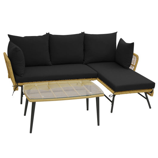 3 Pieces L-Shaped Patio Sofa with Cushions and Tempered Glass Table - Black