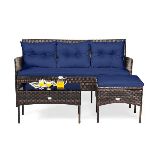 3 Pieces Patio Furniture Sectional Set with 5 Cozy Cushions - Navy