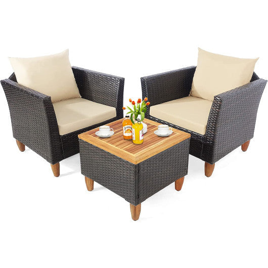 3 Pieces Patio Rattan Bistro Furniture Set with Wooden Table Top - Beige