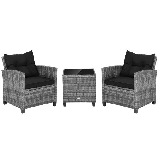 3 Pieces Outdoor Wicker Conversation Set with Tempered Glass Tabletop - Black
