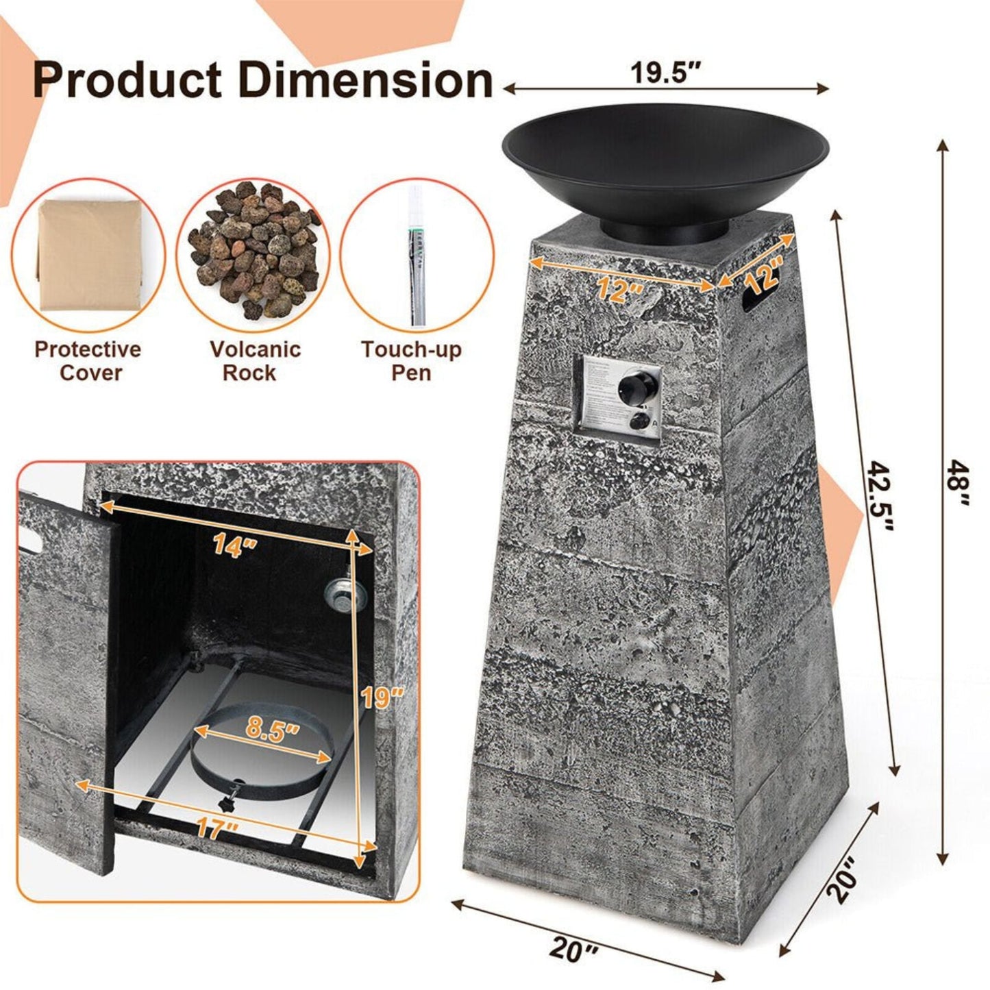 48-Inch Large Outdoor Propane Fire Bowl Tower Column with Cover & Lava Rocks