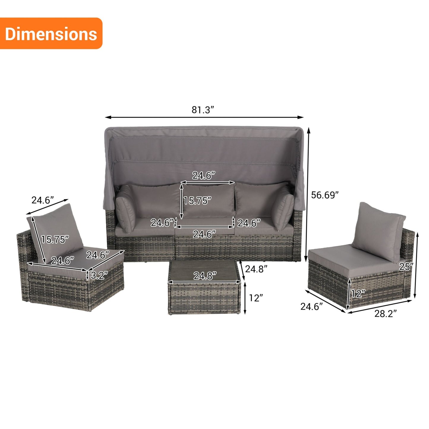 Alora 5-Piece Outdoor Patio Wicker Daybed Furniture Set With Retractable Canopy