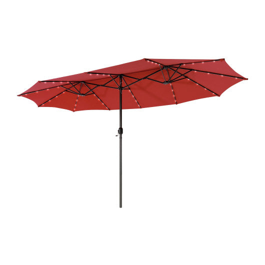15 Feet Twin Patio Umbrella with 48 Solar LED Lights - Dark Red