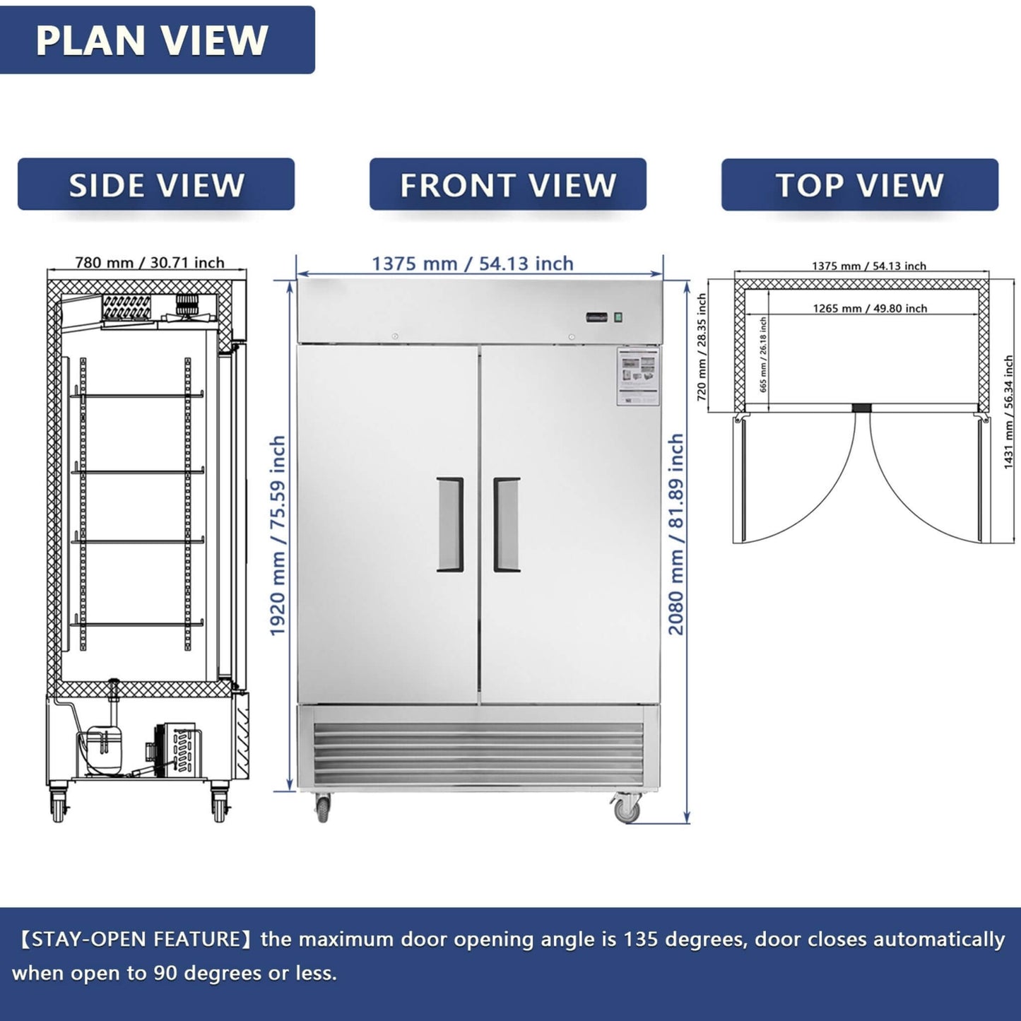54-Inch 42.2 Cu.Ft Commercial Stainless Steel 2-Section Upright Reach-In Freezer