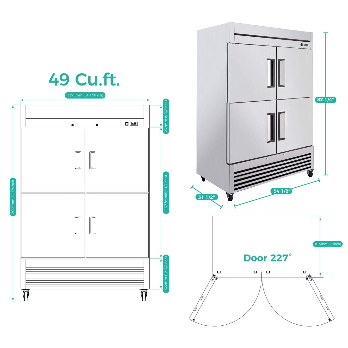 54-Inch 49 Cu.Ft Commercial 6-Shelves Stainless Steel Reach-In Freezer