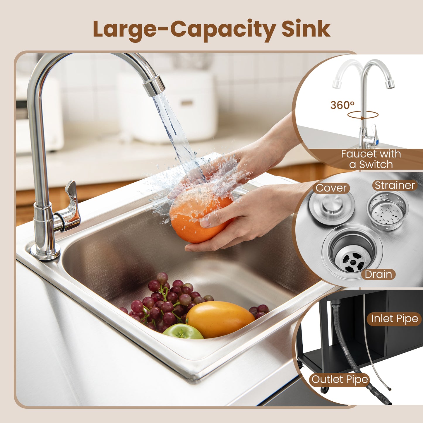 56 Inches Outdoor Grill Table with Sink and Stainless Steel Top