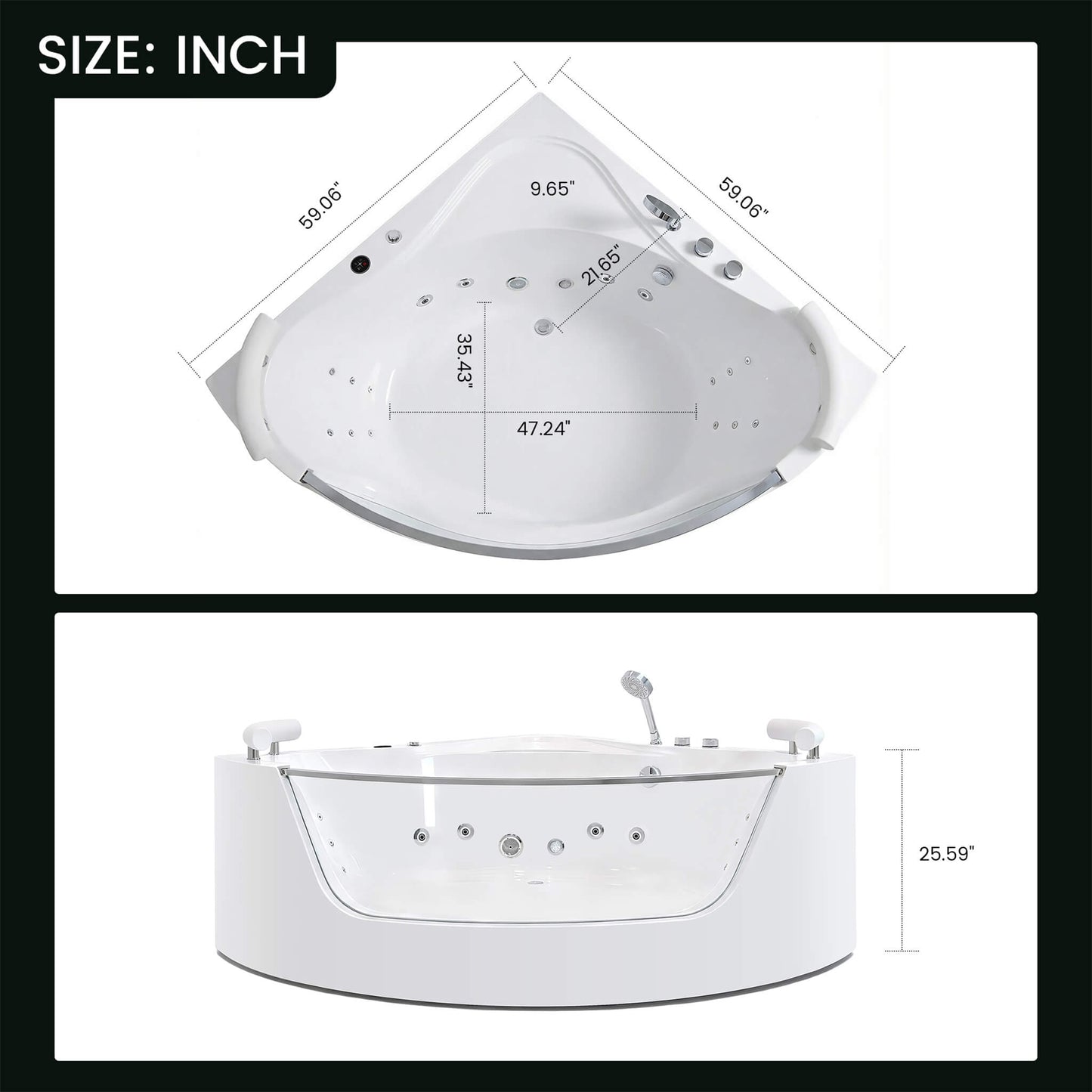 Alora Serenity 59-Inch 2-Person Acrylic Corner Whirlpool 16-Jet Hydro Massage Bathtub with Heater Rainbow Light