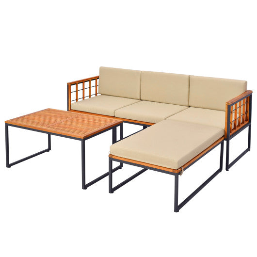 5 Pieces Patio Furniture Set Acacia Wood Sectional Set with Heavy-Duty Metal Frame - Beige