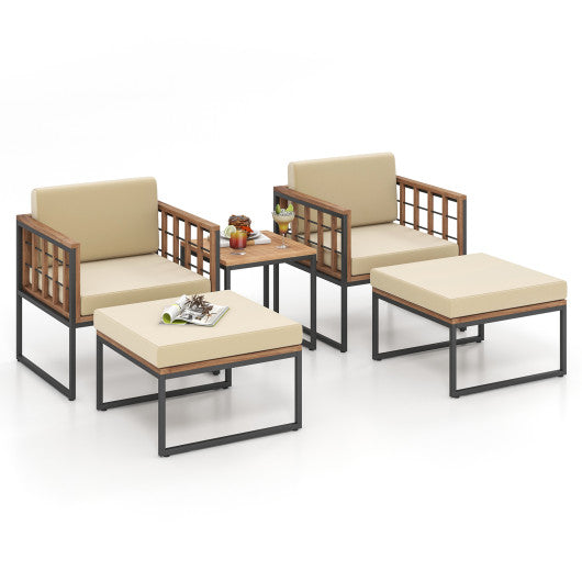 5 Piece Outdoor Furniture Set Acacia Wood Chair Set with Ottomans and Coffee Table - Beige