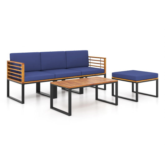 5-Piece Patio Acacia Wood Chair Set with Ottoman and Coffee Table - Navy