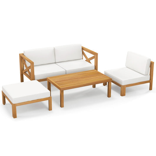 5 Piece Outdoor Conversation Furniture Set with 3 Chairs 1 Ottoman and 1 Coffee Table - White