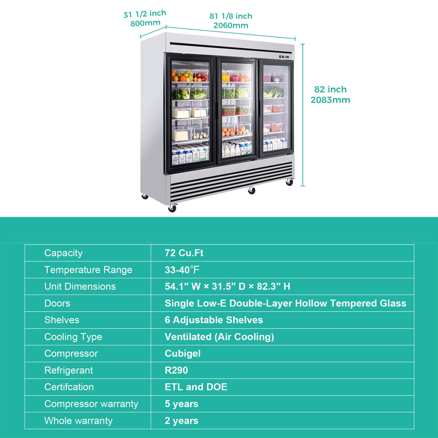 72 Cu.Ft Triple-Door Stainless Steel Commercial Reach-In Display Refrigerator