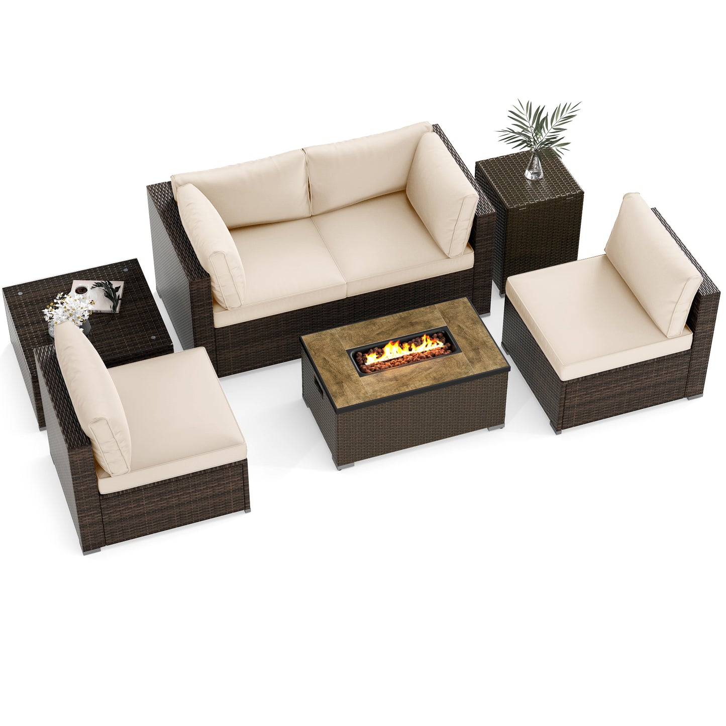 7 Pieces Outdoor Furniture Set with 32 Inch Fire Pit Table and Propane Tank Cover