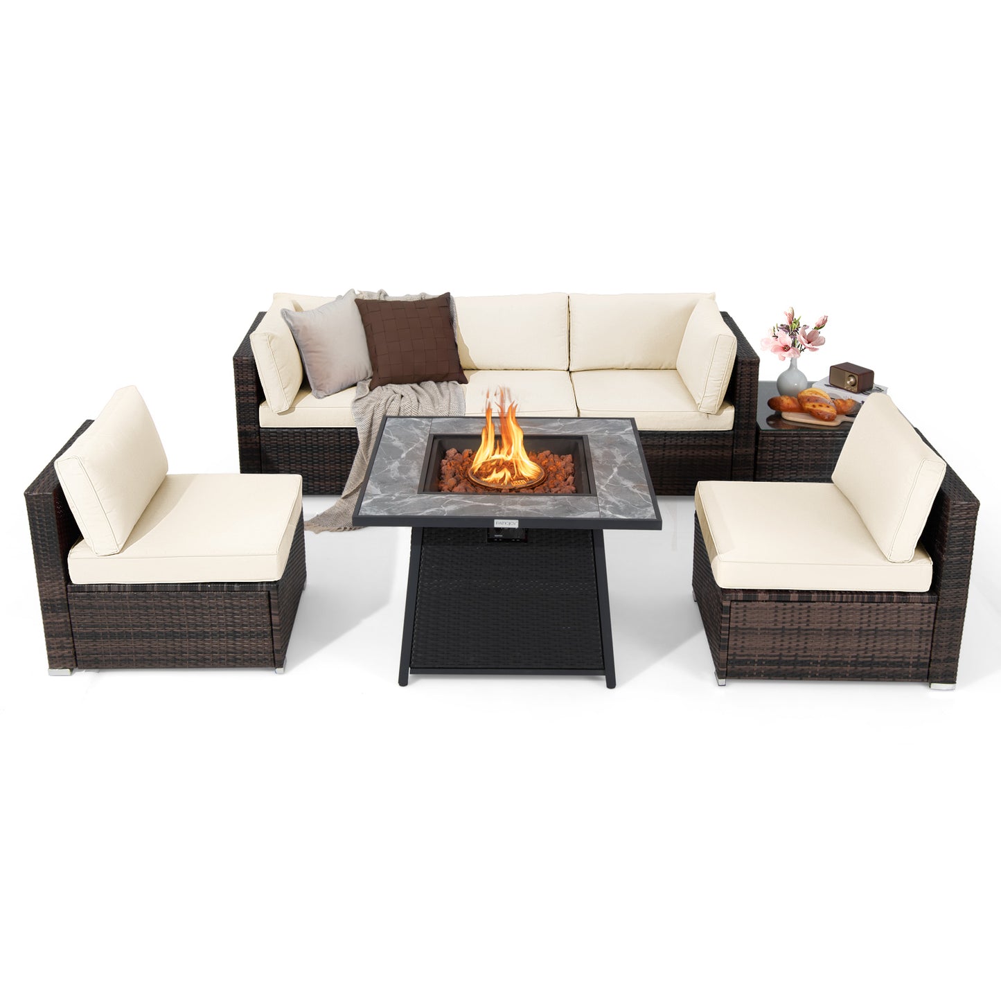 7 Pieces Patio Furniture Set with 35 Inches 50K BTU Propane Gas Fire Pit Table and Waterproof Cover for Fire Pit