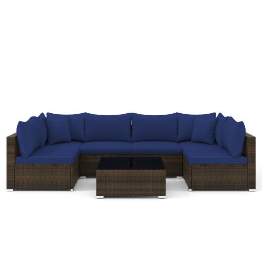 7 Pieces Patio Rattan Furniture Set with Sectional Sofa Cushions - Navy