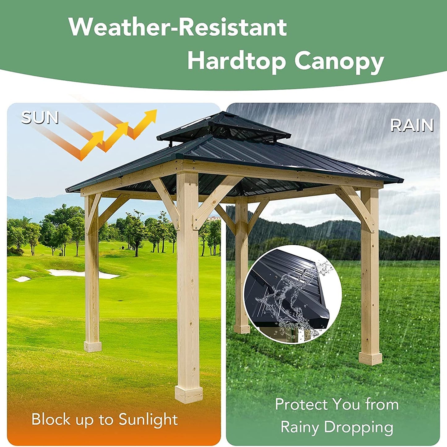 10' x 10' FT Patio Pine Wood Hardtop Gazebo with Double Steel Roof for Outdoor