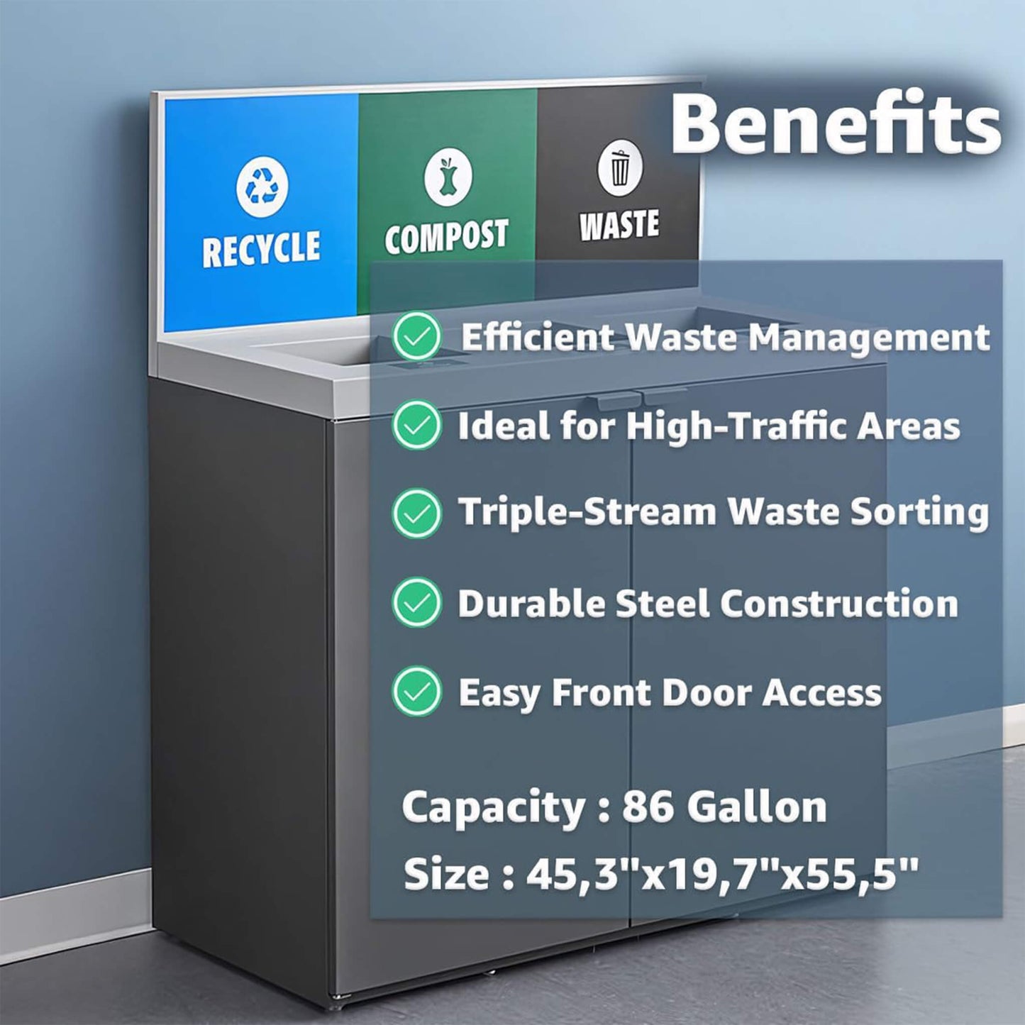 86-Gallon Heavy-Duty Commercial Steel Three-Stream Trash Can Cabinet with Panel