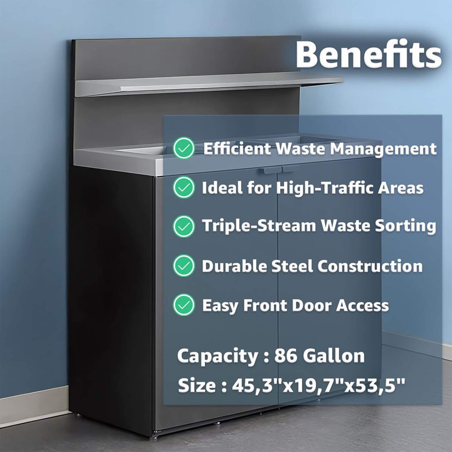 86-Gallon Heavy-Duty Commercial Steel Three-Stream Trash Can Cabinet with Tray Holder
