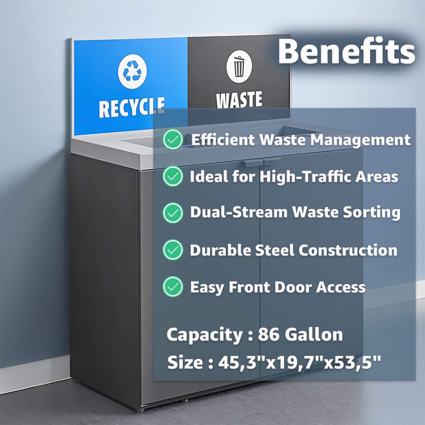 86-Gallon Heavy-Duty Commercial Steel Two-Stream Trash Can Cabinet with Panel