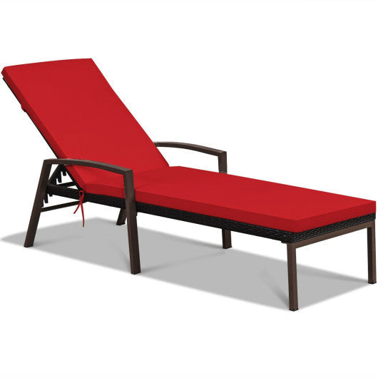 Patio Rattan Lounge Chaise Recliner with Back Adjustable Cushioned - Red