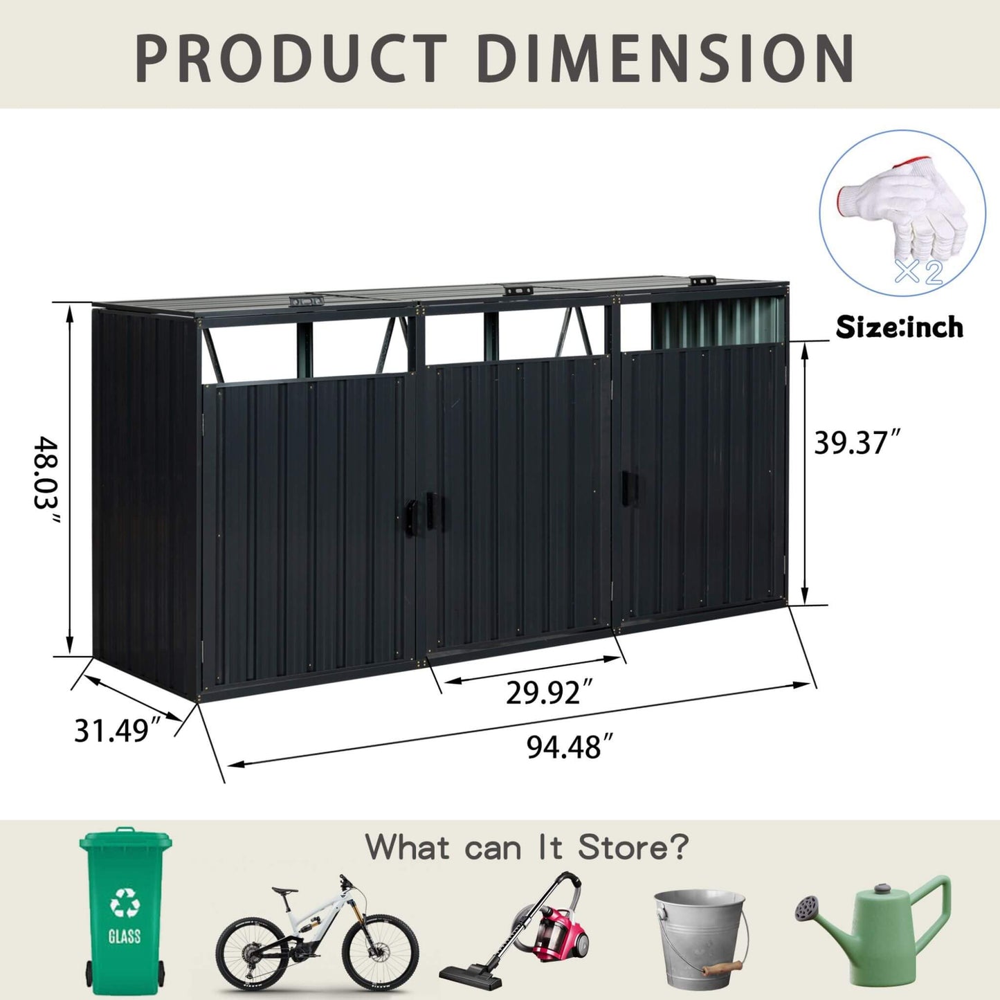 94-Inch Heavy-Duty Outdoor Galvanized Stainless Steel Garbage Bin Shed for 3 Trash Cans