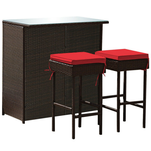 3PCS Patio Rattan Wicker Bar Table Stools Dining Set - Red
