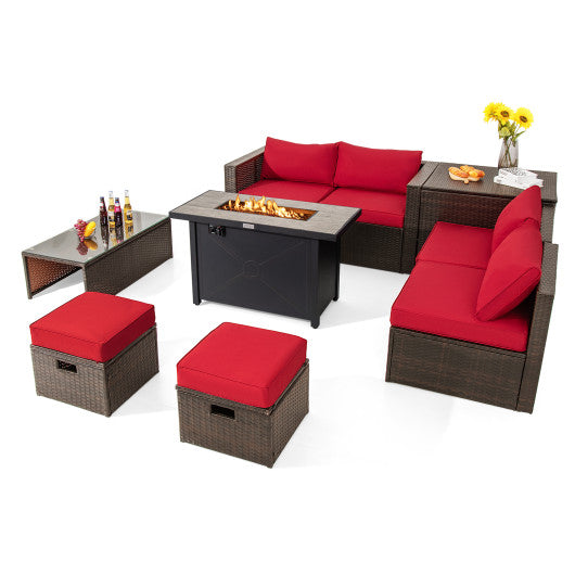 9 Pieces Outdoor Patio Furniture Set with 42 Inch Propane Fire Pit Table - Red