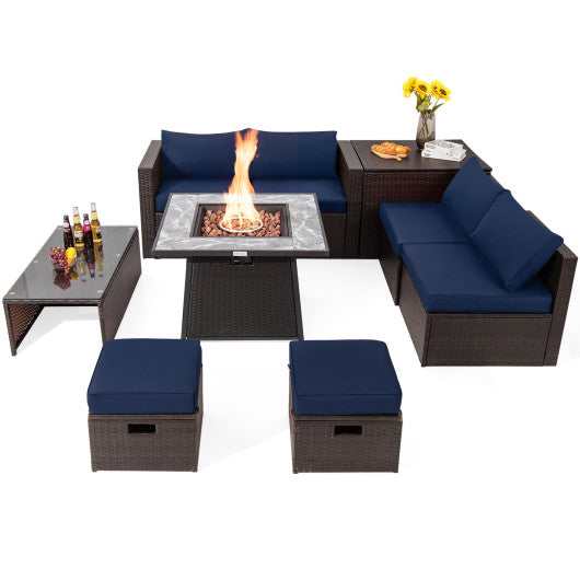9 Pieces Patio PE Wicker Sectional Set with 50000 BTU Fire Pit Table - Navy