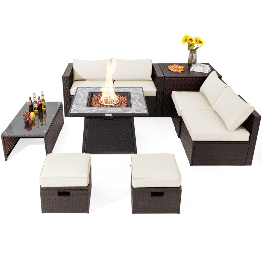9 Pieces Patio PE Wicker Sectional Set with 50000 BTU Fire Pit Table - Off White