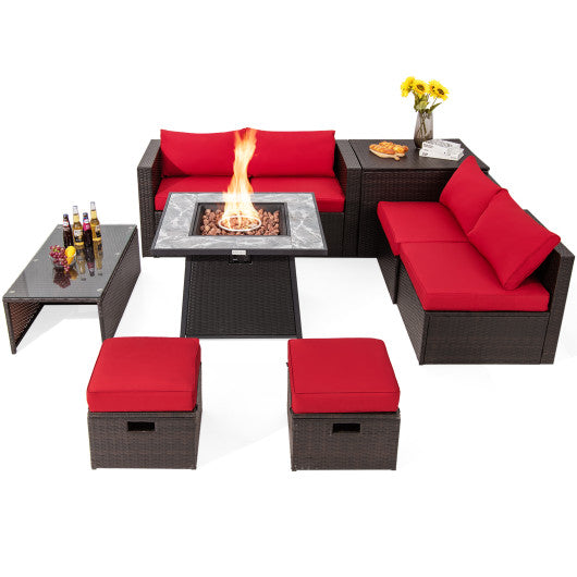 9 Pieces Patio PE Wicker Sectional Set with 50000 BTU Fire Pit Table - Red