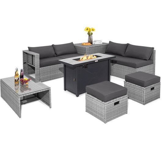 9 Pieces Patio Furniture Set with 42 Inches 60000 BTU Fire Pit - Gray