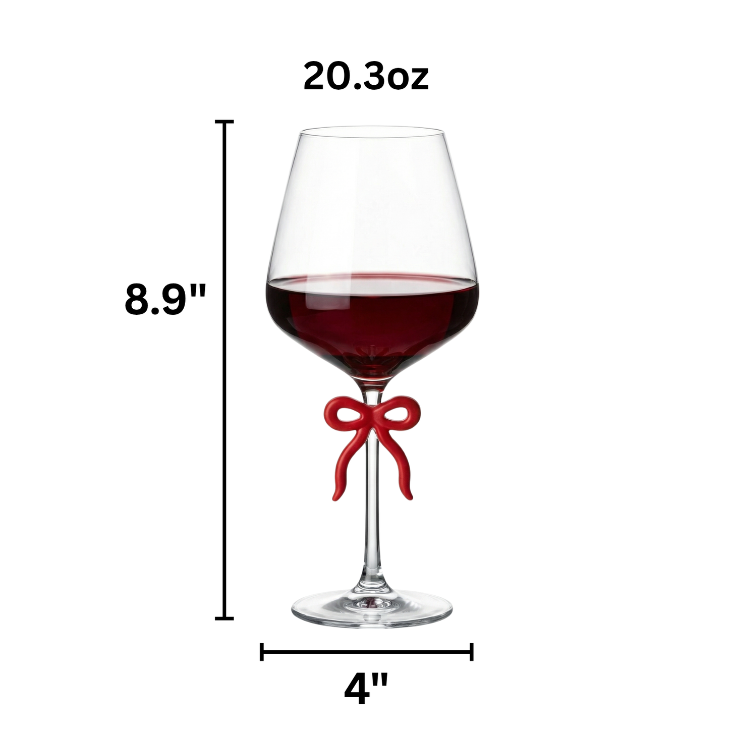 Large Clear Wine Glass with Red Bow on Stem, Set of 2