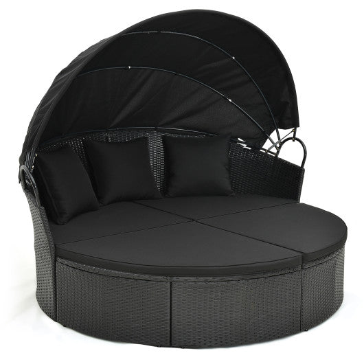 Clamshell Patio Round Daybed Wicker with Retractable Canopy and Pillows - Black