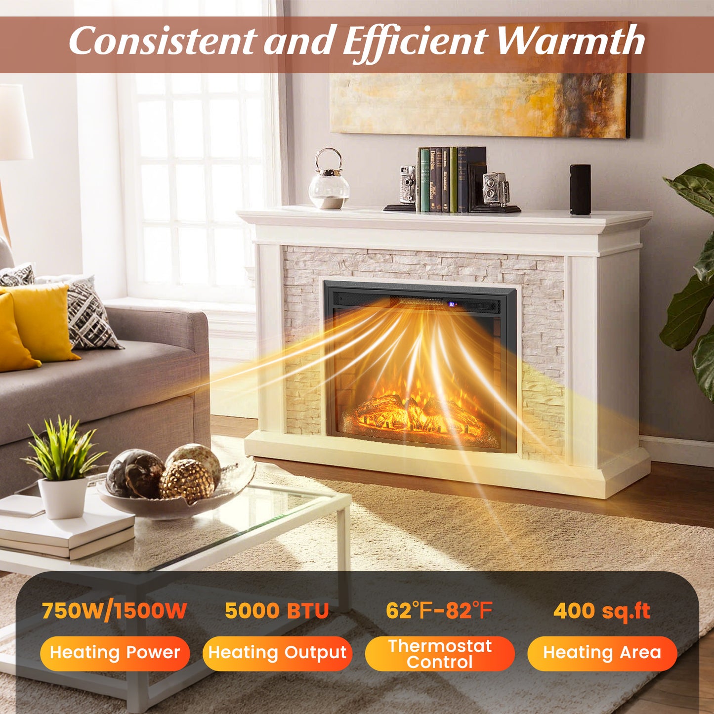 26" Curved Recessed Electric Fireplace Insert w/ Remote Control and Overheat Protection