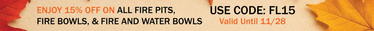 Promotional banner with text offering 15% off on fire pits, fire bowls, and water bowls with a code and validity date.