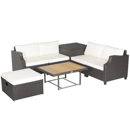 7 Pieces Hand-Woven Wicker Outdoor Furniture Set with Acacia Wood Coffee Table - White