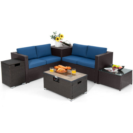 6 Pieces Outdoor Wicker Furniture Set with 32 Inch Propane Fire Pit Table - Navy