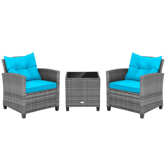 3 Pieces Outdoor Wicker Conversation Set with Tempered Glass Tabletop - Turquoise