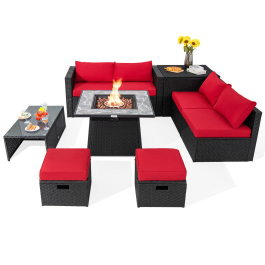 9 Pieces Outdoor Wicker Sectional with 35 Inch Gas Fire Pit Table - Red