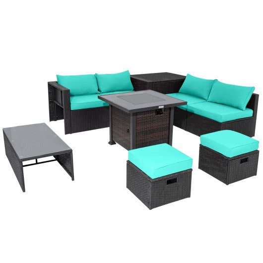 9 Pieces Patio Furniture Set with 32” Fire Pit Table and 50000 BTU Square Propane Fire Pit - Turquoise