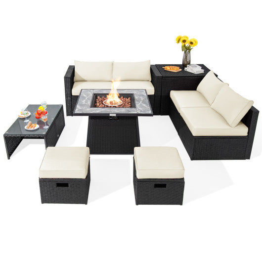 9 Pieces Outdoor Wicker Sectional with 35 Inch Gas Fire Pit Table - White