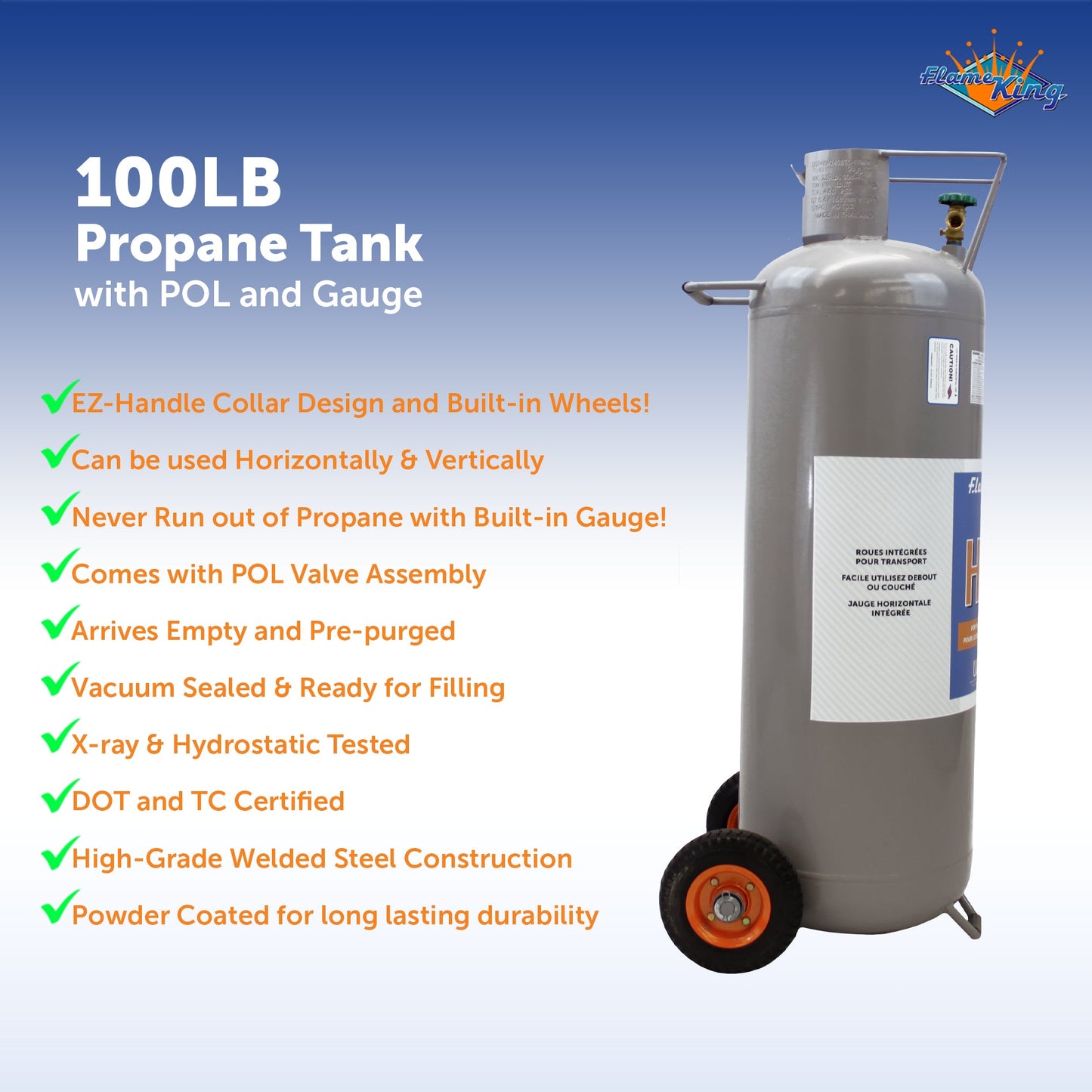 Flame King 100lb Empty Horizontal & Vertical Propane Cylinder with POL & Wheels