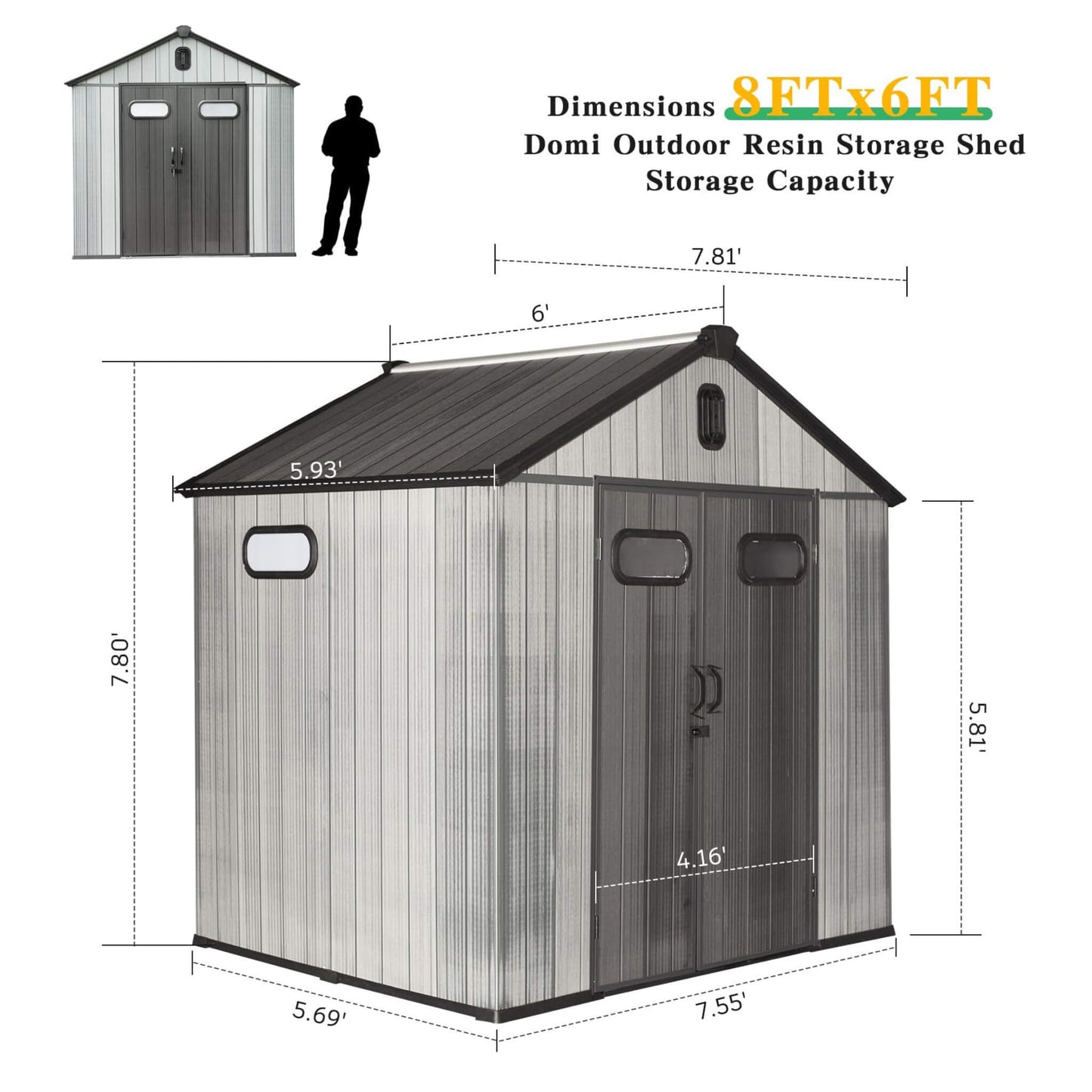 6' x 8' FT Alora Heavy-Duty Outdoor All-Weather Resin Storage Shed With Lockable Doors, Windows, And Vents