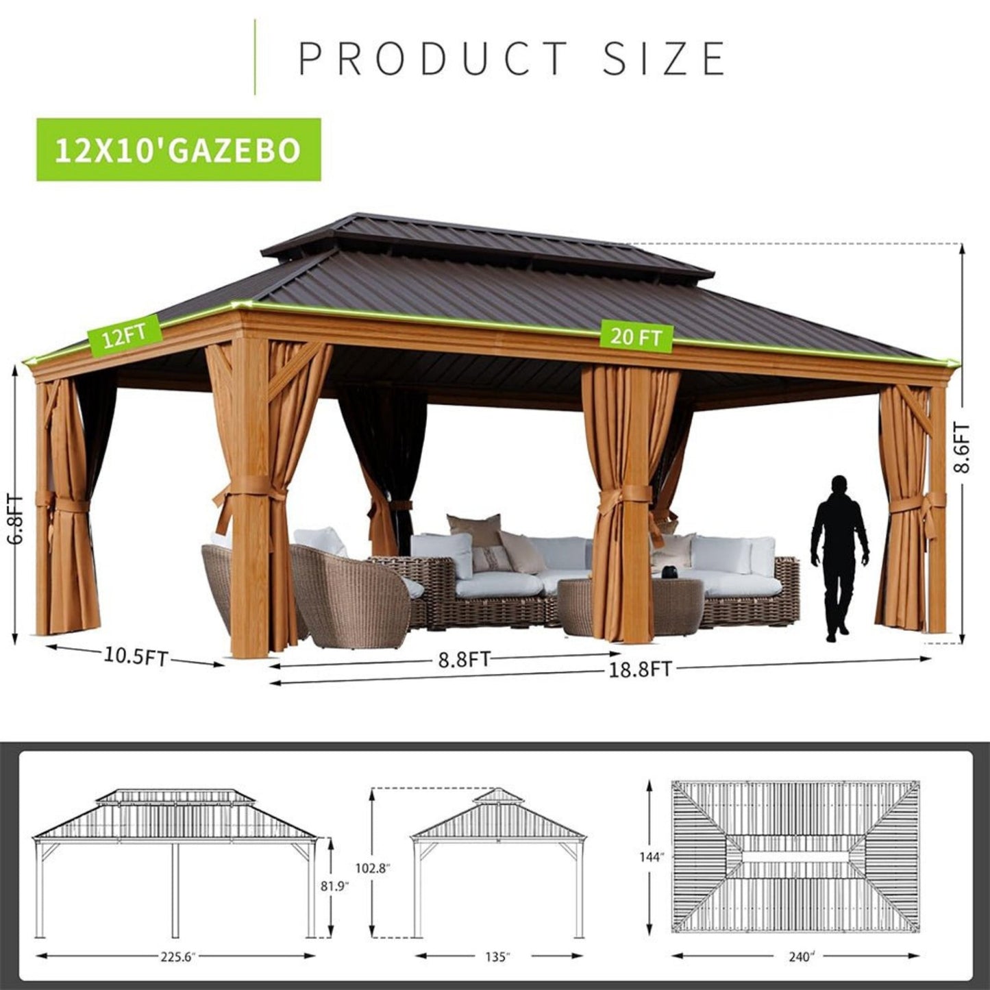 12' x 20' Alora Premium Large Aluminum Hardtop Gazebo W/ Netting, Privacy Curtains And Wood Grain Finish