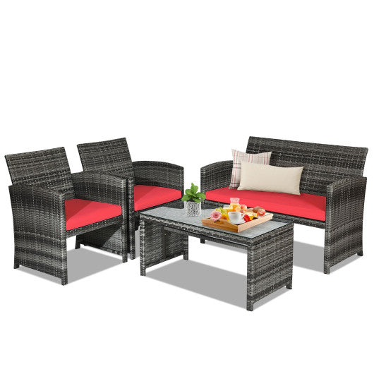 4 Pieces Patio Rattan Furniture Set with Cushions - Red